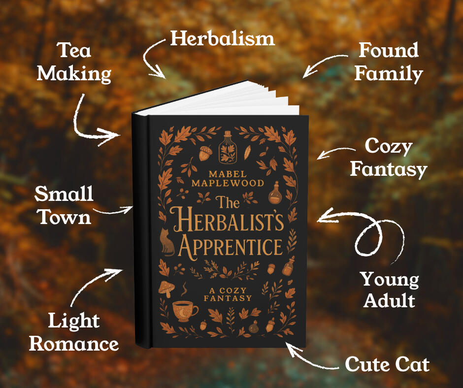 the book 'the herbalist's apprentice' and the trope words, small town, light romance, young adult, cute cat, found family, herbalism, cozy fantasy